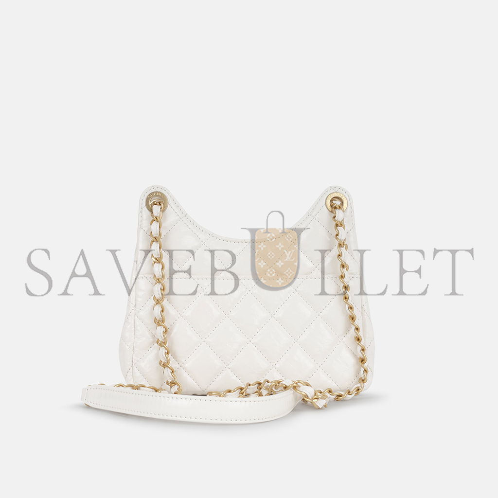 CHANEL MASTER WHITE SHINY CRUMPLED CALFSKIN HOBO BAG SMALL AGED GOLD HARDWARE (19*17*16cm)